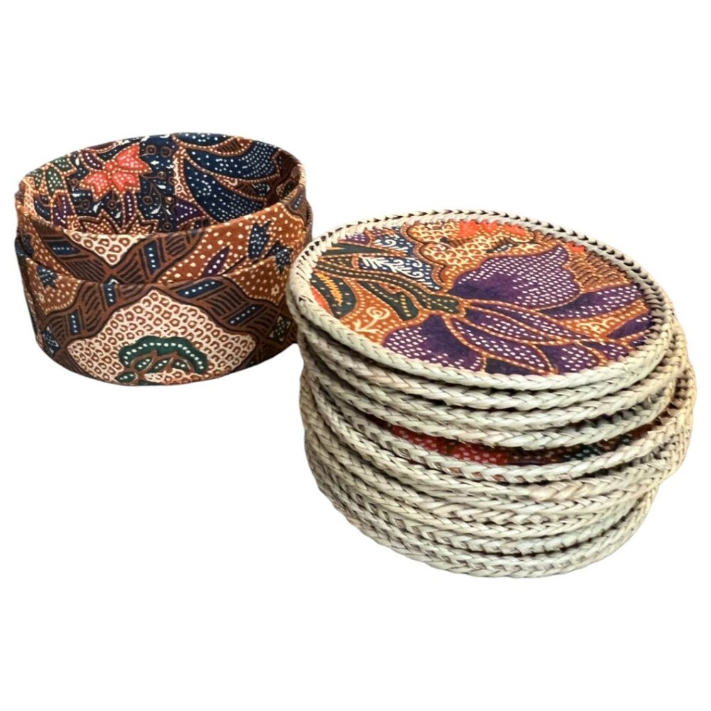 Vtg 1970s Set 12 COASTERS Boho / MCM Batik Fiber Coasters with Lidded Box 3.5"